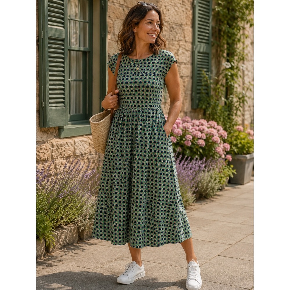 Boden Easy T-Shirt Midi Dress Irish Green Sunshine Geo Pockets US 6L Long Tall